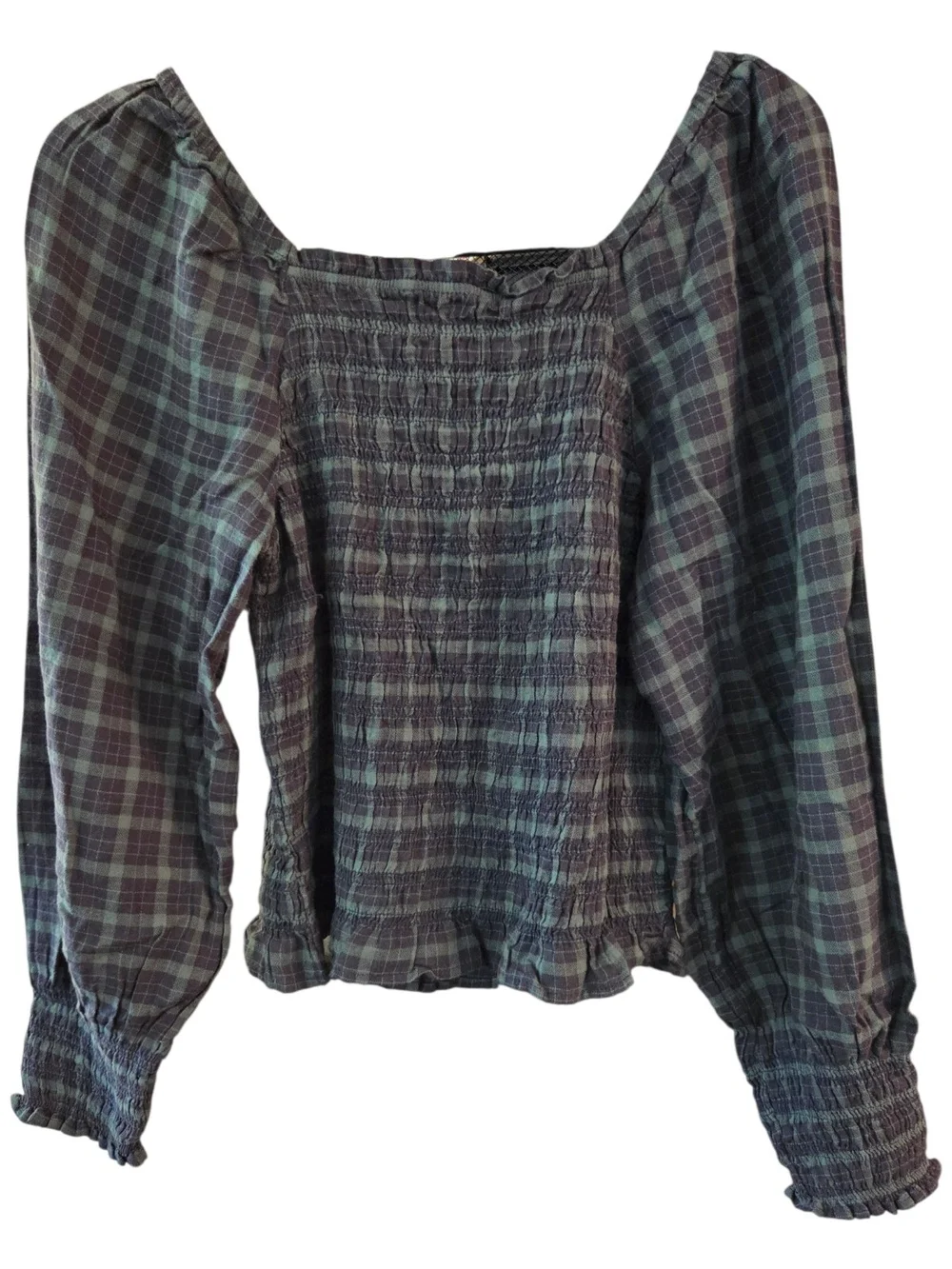 Madewell Lucie Bubble-Sleeve Smocked Top in 'Forest' Plaid - Size S